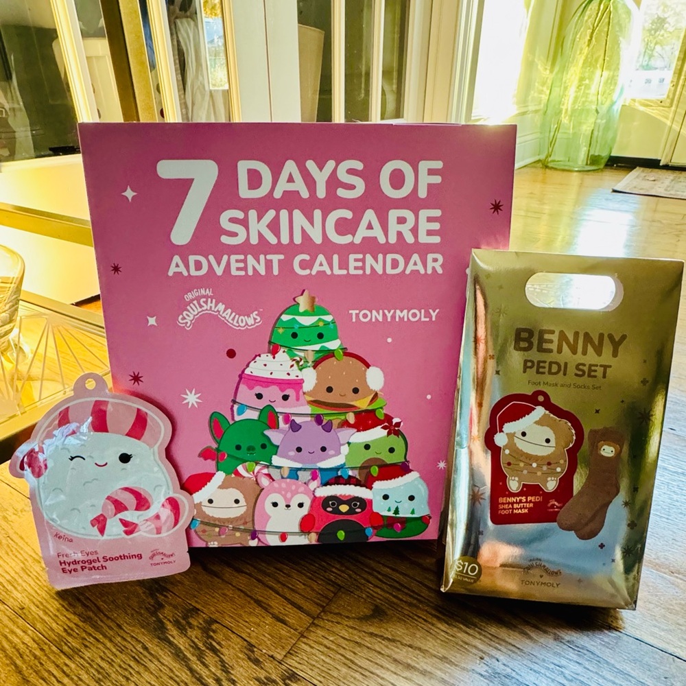 Squishmallows 7-day tween advent calendar, eye mask, foot mask/sock set—NWT